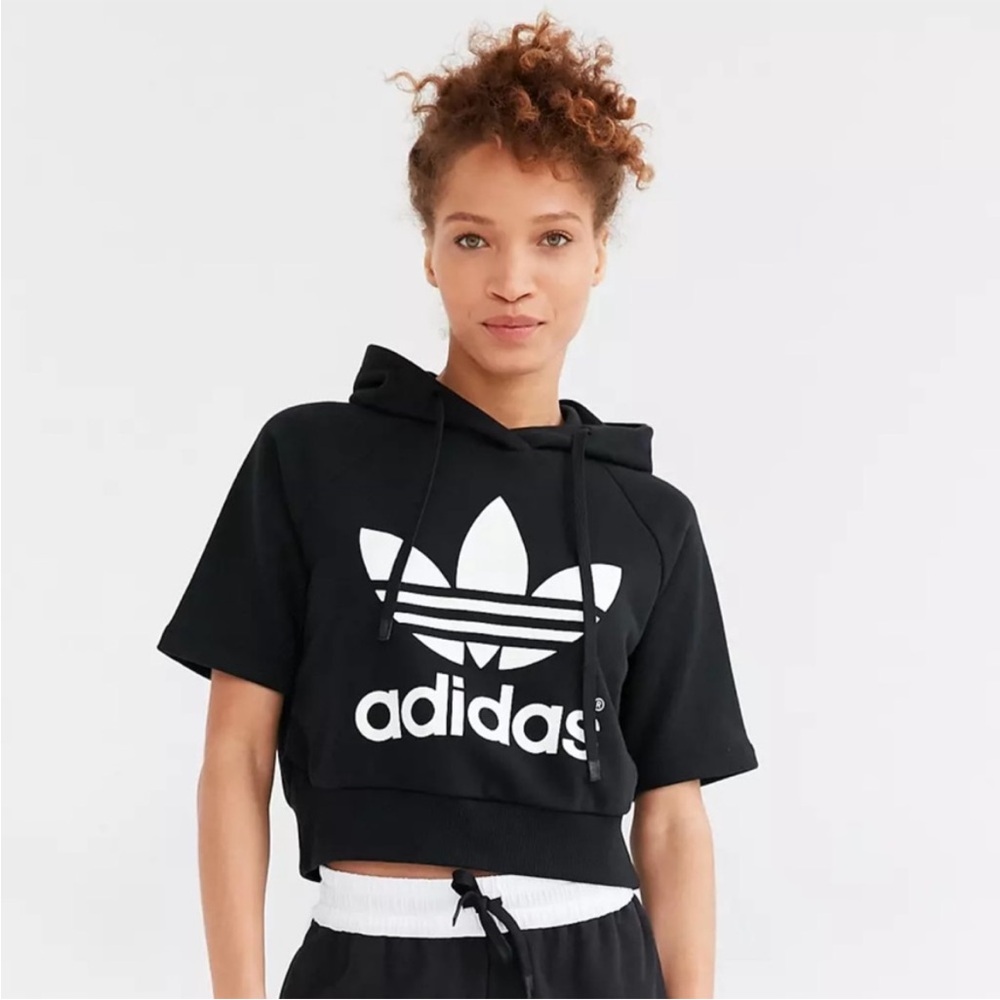 Adidas Black Short Sleeve Cropped Hoodie with White Logo Large